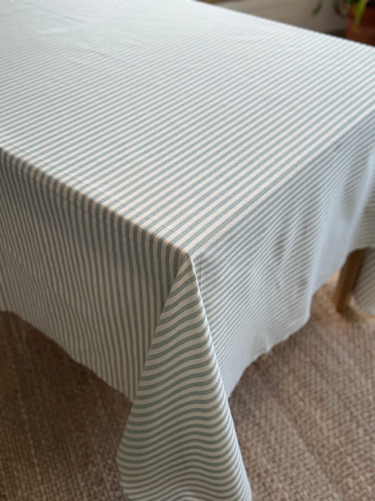 MANTEL ALGODÓN RAYAS RÚSTICAS VERDE AGUA